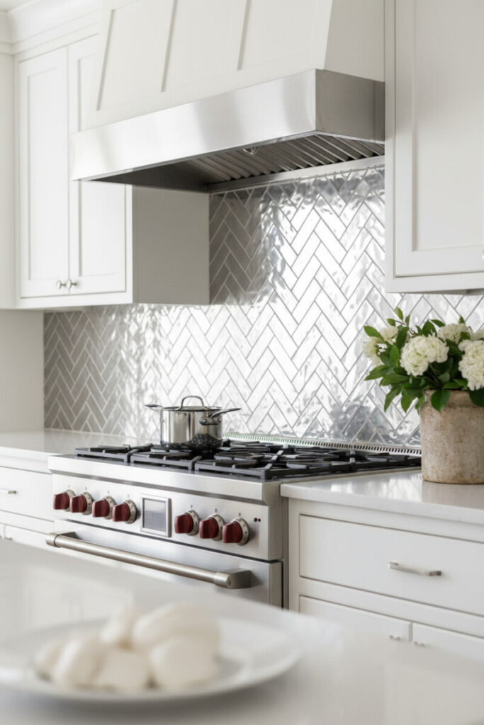 Brushed metallic-silver herringbone backsplash with fine white grout, red-knob stainless range and hood, off-white shaker cabinets, and floral accent.