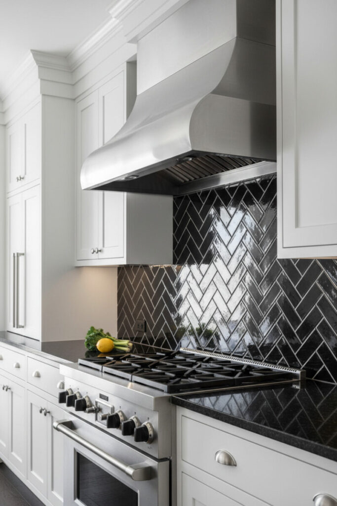 Obsidian-black high-gloss herringbone tile with thin white grout, curved stainless hood, black granite counters, and fresh green produce.
