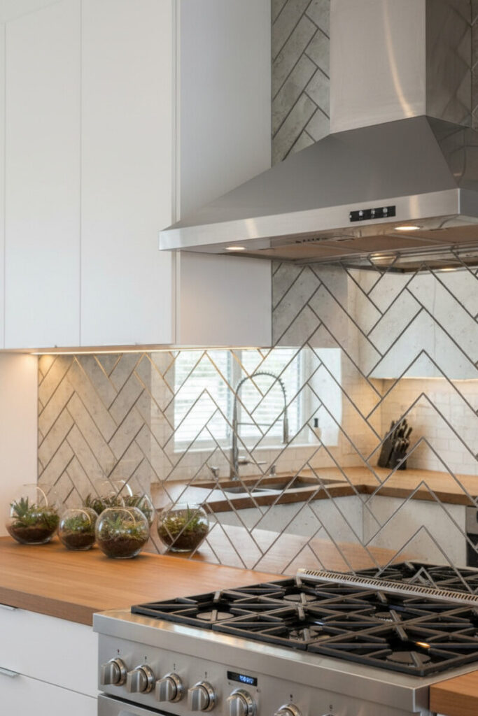 Antiqued mirrored herringbone backsplash reflecting window and sink, stainless chimney hood with warm LEDs, butcher-block counter and glass terrariums.