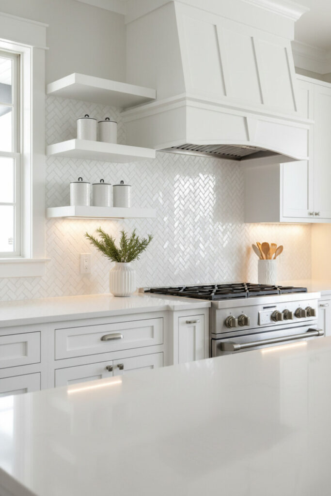 All-white tight herringbone backsplash under chunky hood cover with warm LEDs, white quartz counter, and stainless range; explores best grout color for herringbone backsplash in tone-on-tone schemes.