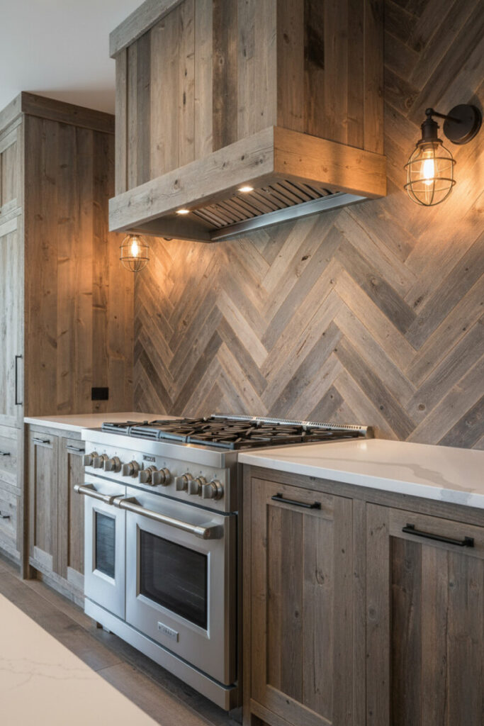 Reclaimed gray-brown wood planks laid in herringbone behind stainless range and hood, black caged sconces with Edison bulbs, and white Calacatta-look counters.