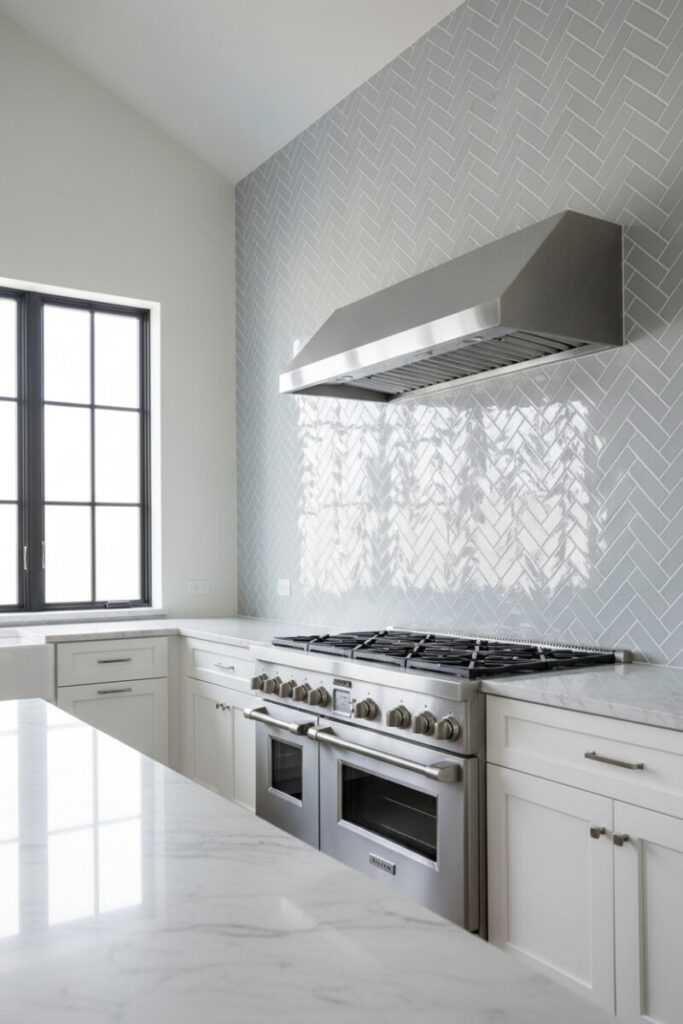Floor-to-ceiling light-gray glossy herringbone with white grout, commercial vent hood, thick white marble counter, black-framed window—minimalist kitchen backsplash ideas.