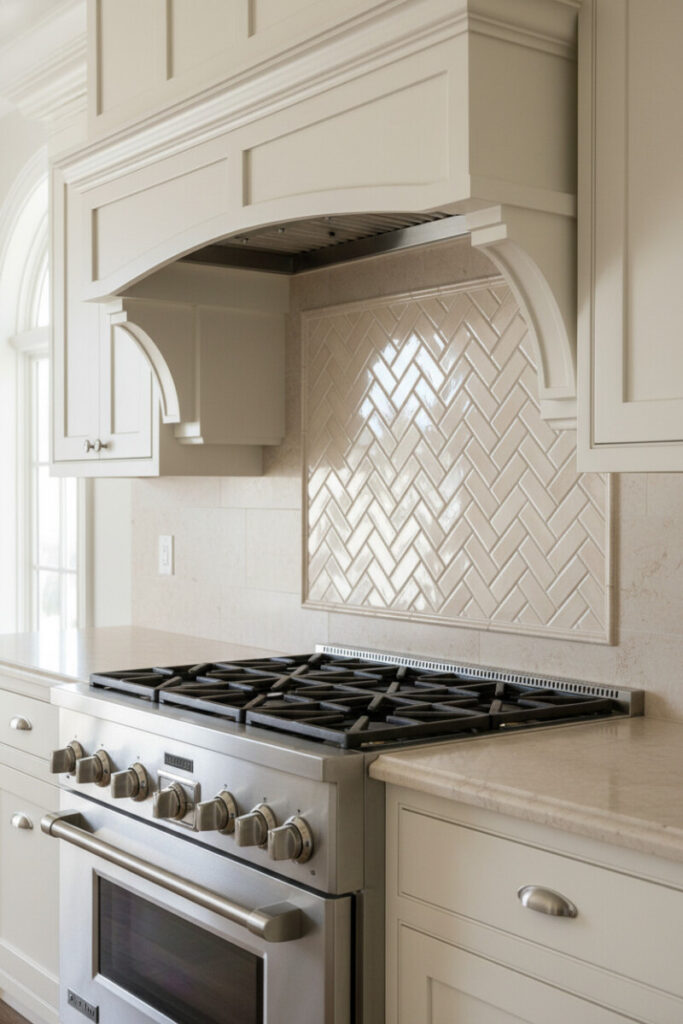 Framed creamy-greige herringbone panel above stainless professional range, intense window reflection on glossy glaze, off-white cabinetry and beige marble countertop.