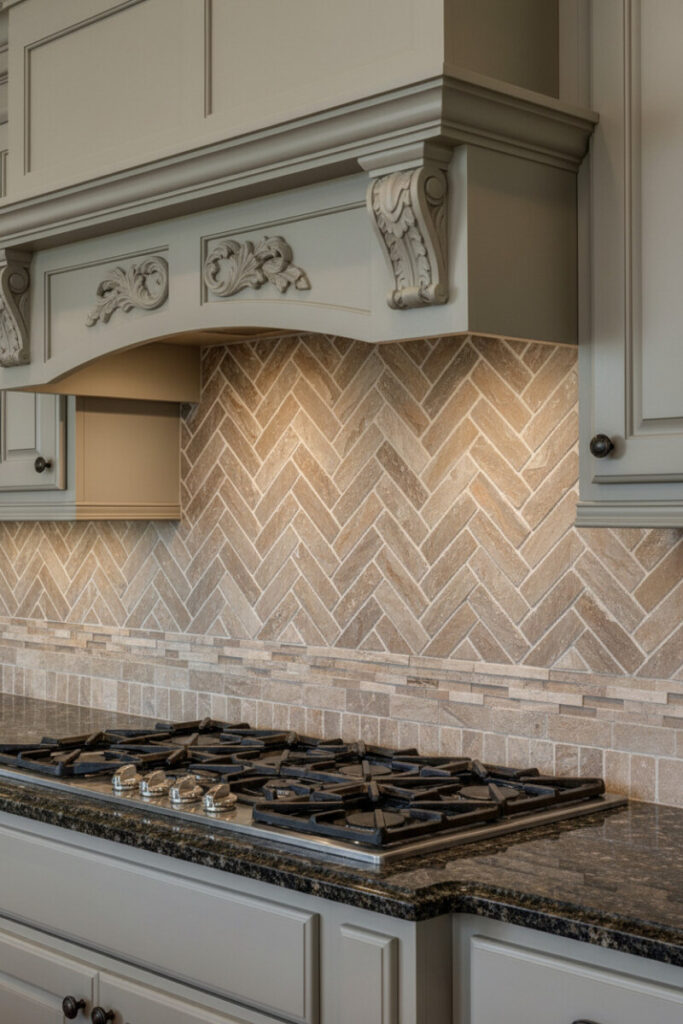 Tumbled natural-stone herringbone with creamy grout and mosaic border, greige traditional cabinetry, dark polished granite, and sleek cooktop.