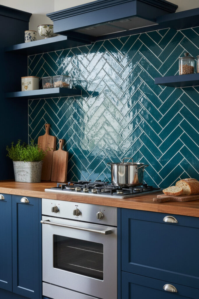 Deep-teal glossy herringbone with crisp white grout, petrol blue cabinets, butcher-block counters, stainless oven and pot; handy for how to lay herringbone subway tile backsplash over splash zones.