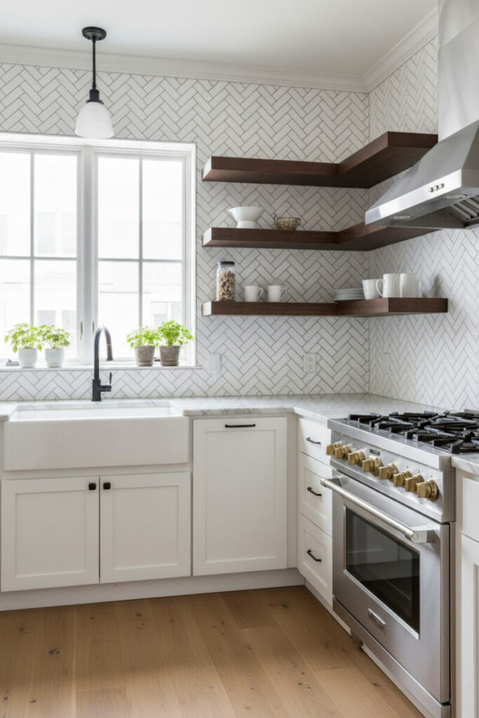 White herringbone tiles with bold black grout behind farmhouse sink and brass-knob range, walnut shelves with white dishes; showcases subway tile herringbone pattern.