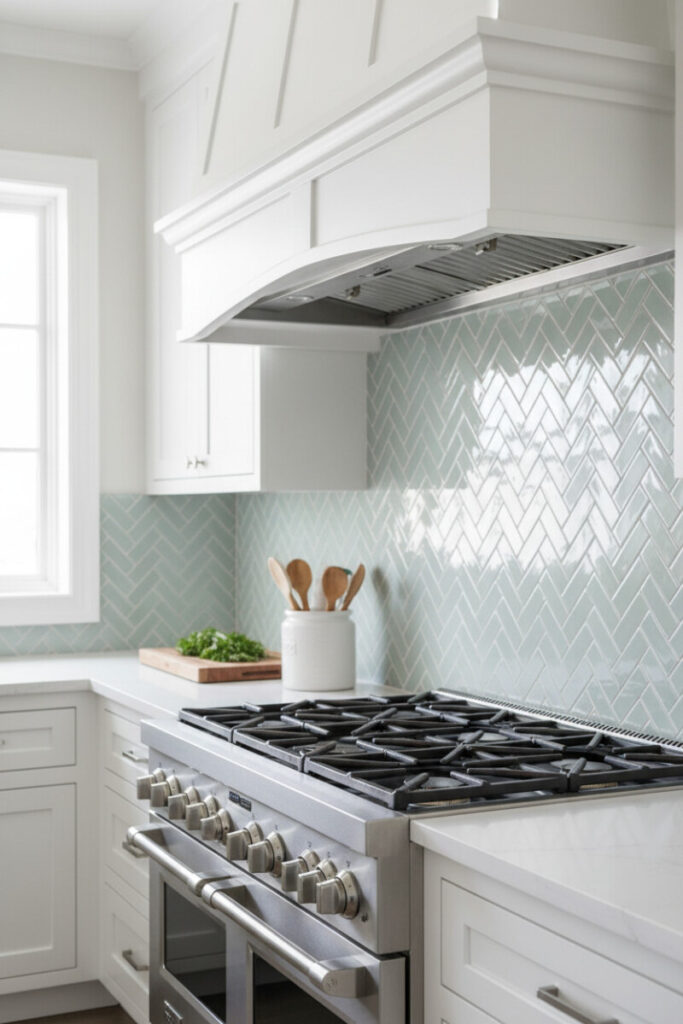 Seafoam gray-blue glossy herringbone backsplash with custom white hood, stainless pro range, and white counters in bright coastal light—smart kitchen backsplash ideas.