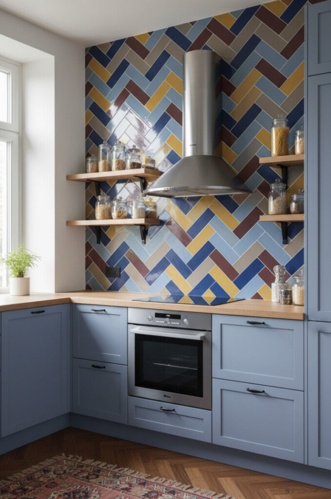 Multicolor herringbone backsplash (sapphire, mustard, maroon, sky) with periwinkle cabinets, oak countertops, chimney hood, and parquet floor.