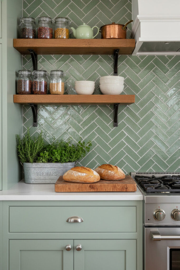 Sage-green artisan herringbone backsplash with rustic oak shelves, mint base cabinets, bread and rosemary vignette; illustrates how to lay herringbone subway tile backsplash across open-shelf walls.