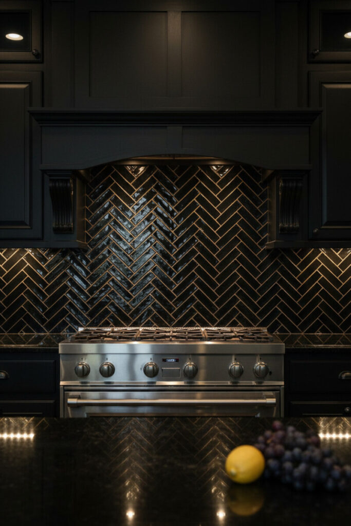 Jet-black herringbone tile with metallic gold grout, traditional black mantle hood, stainless range, and moody under-cabinet lighting.