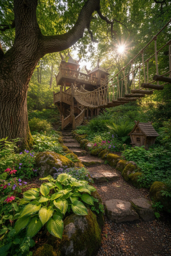 Adventure path under ancient oak with mossy boulders and rope bridge, a playful take on Hillside Garden Ideas and hillside garden steps ideas.