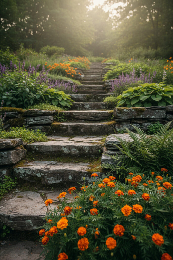 Fieldstone planting steps with ferns, hostas, and tangerine flowers—textural hillside garden steps ideas.