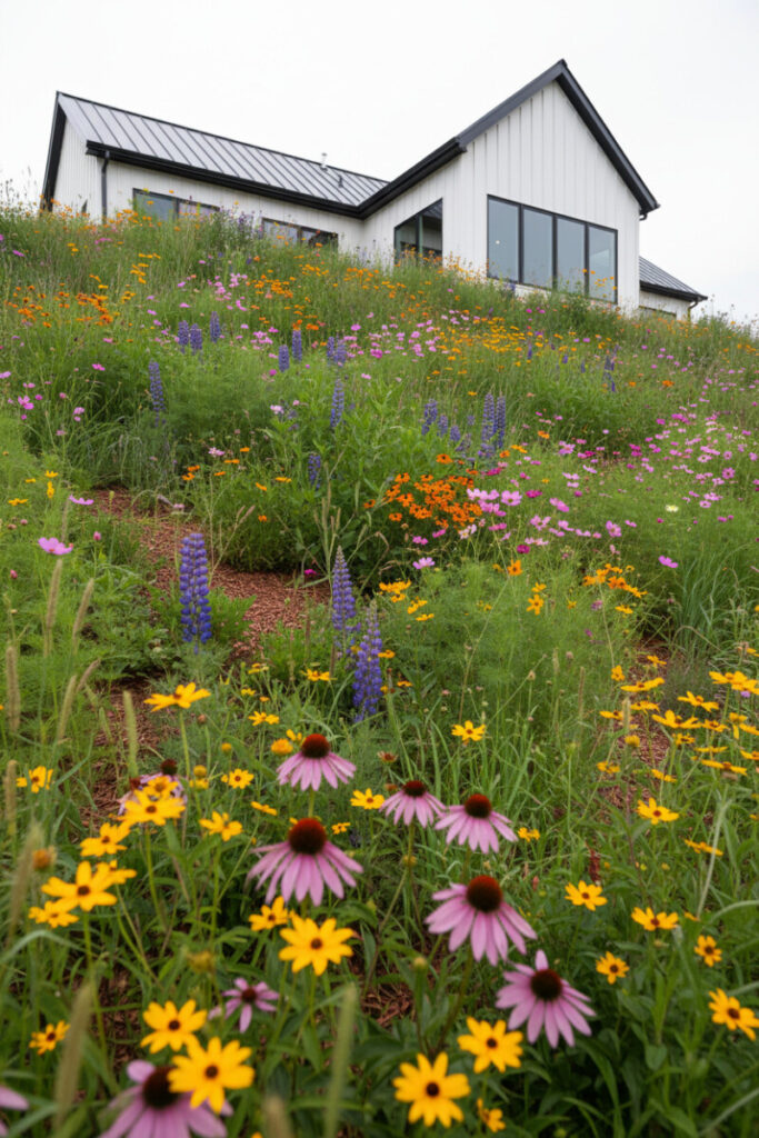 Wildflower slope of echinacea, coreopsis, and lupine rising toward a modern white house—eco sloped yard landscaping.