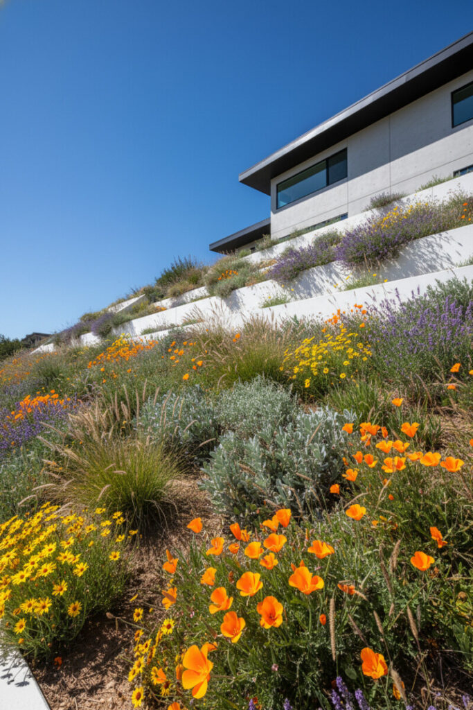 Native xeriscape terraces with white concrete walls, poppies, lavender, and hidden drainage solutions for sloped yards.