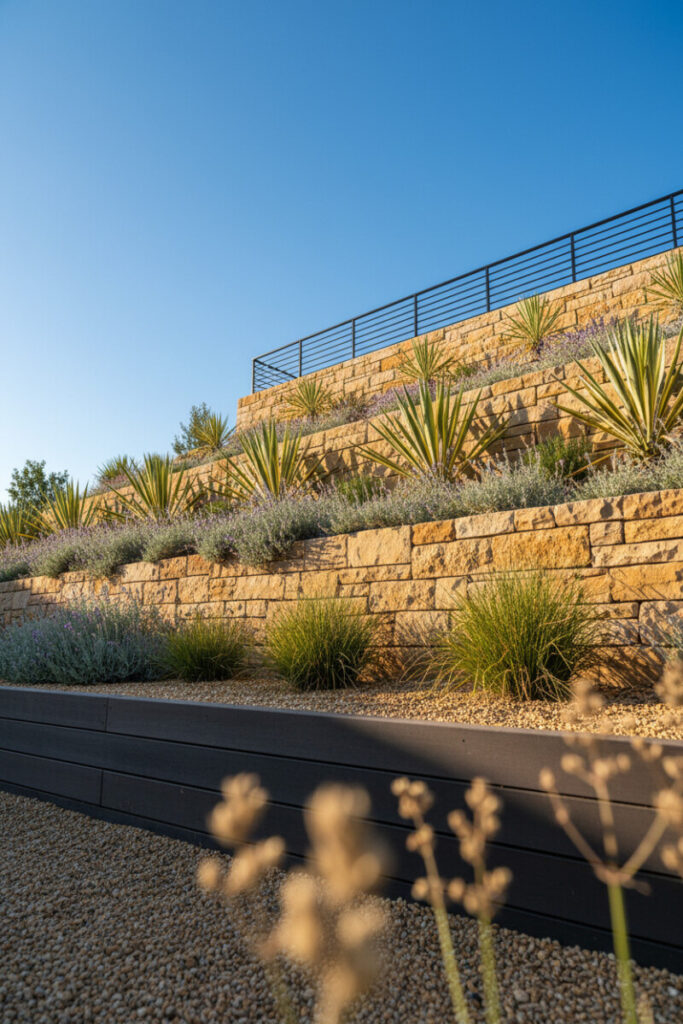 Composite and sandstone retaining walls with yucca, agave, and silver-sage, a crisp terraced garden design.
