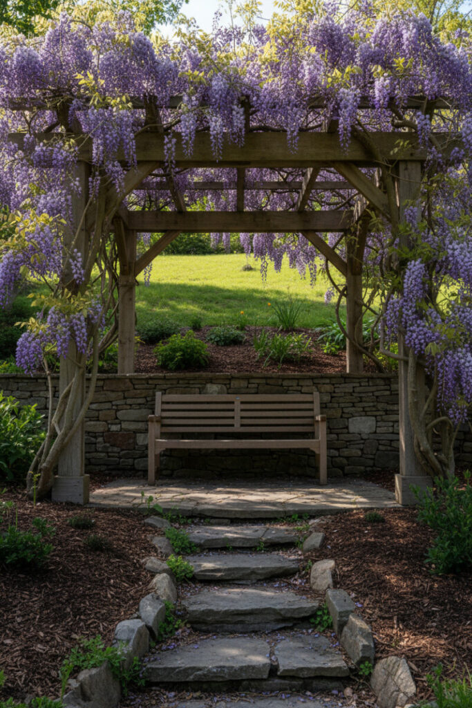 Wisteria-draped pergola atop stone steps and bench—shade-drenched Hillside Garden Ideas at the summit.