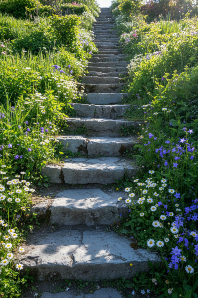 Broad limestone slab stairs with daisies and blue bellflowers spilling over—quintessential hillside garden steps ideas.