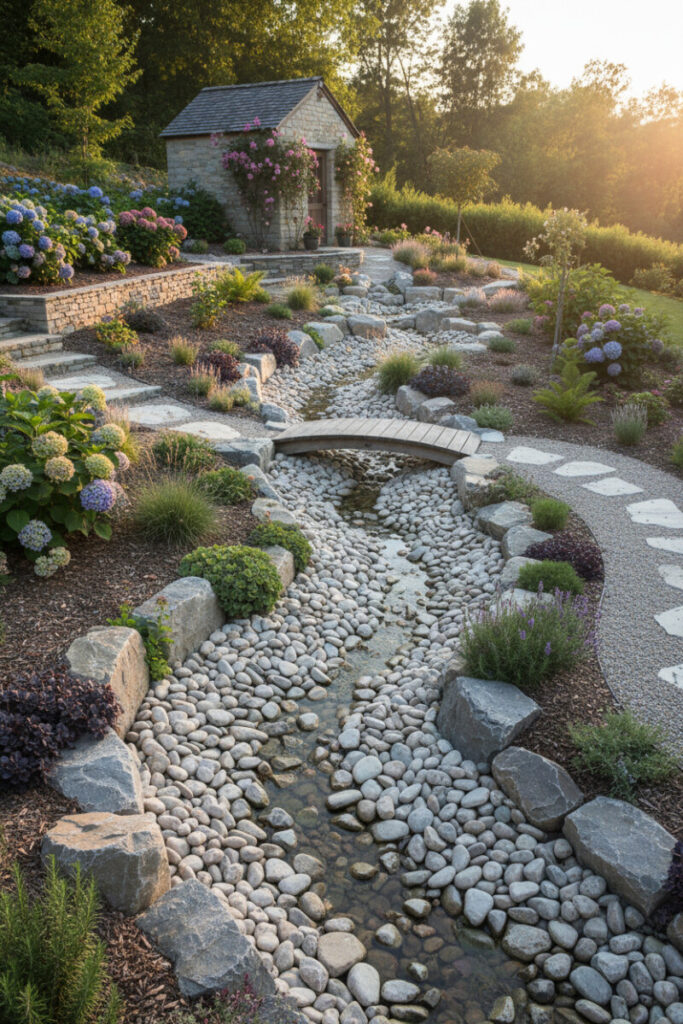 Sinuous dry creek bed of boulders and pebbles curving upslope, beautiful and functional drainage solutions for sloped yards.