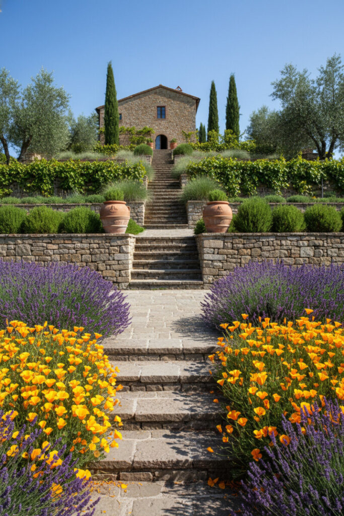 Tuscan-style stone steps with lavender, golden poppies, terracotta pots—romantic terraced garden design and classic Hillside Garden Ideas.