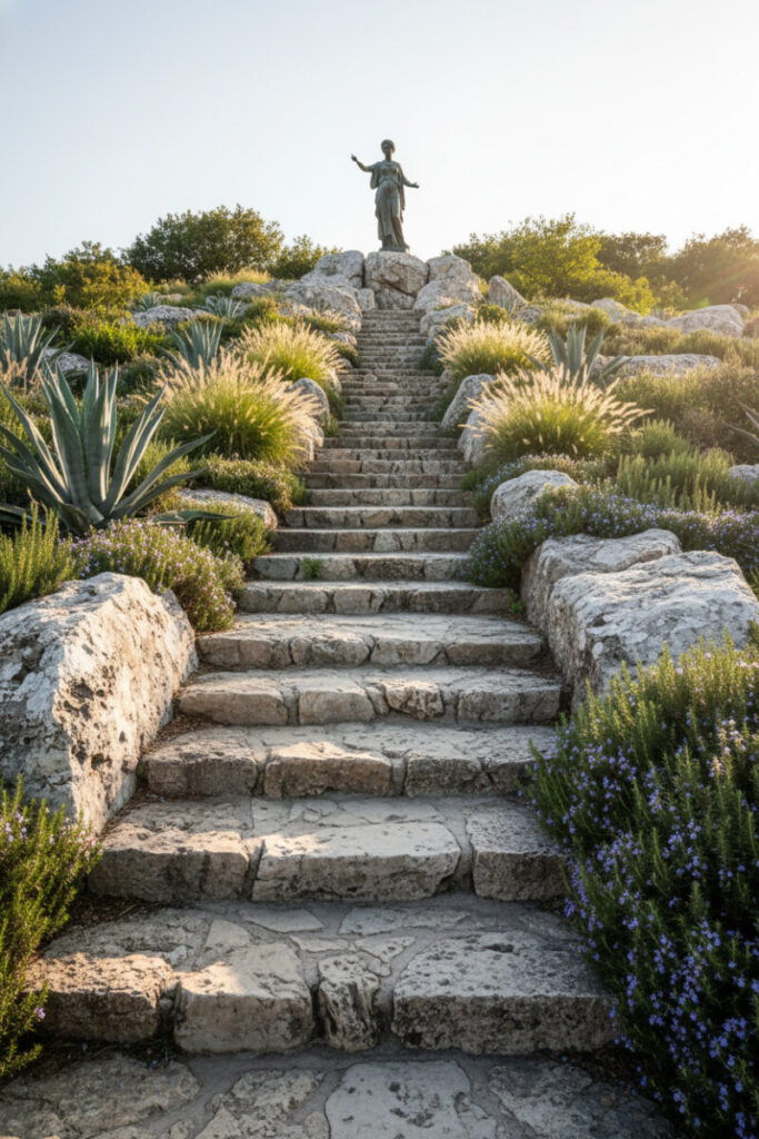 Limestone slab stairway bordered by agave leads to bronze sculpture, a showpiece of terraced garden design.