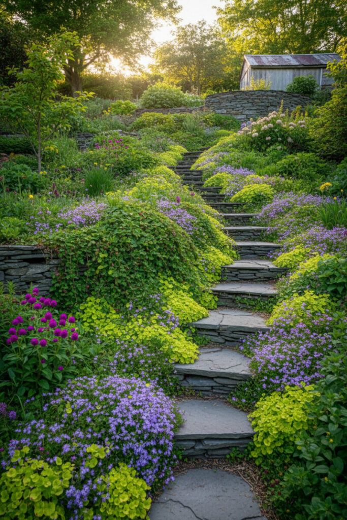 Slate terraces and flagstone steps smothered in thyme, periwinkle, and chartreuse foliage—lush Hillside Garden Ideas in bloom.
