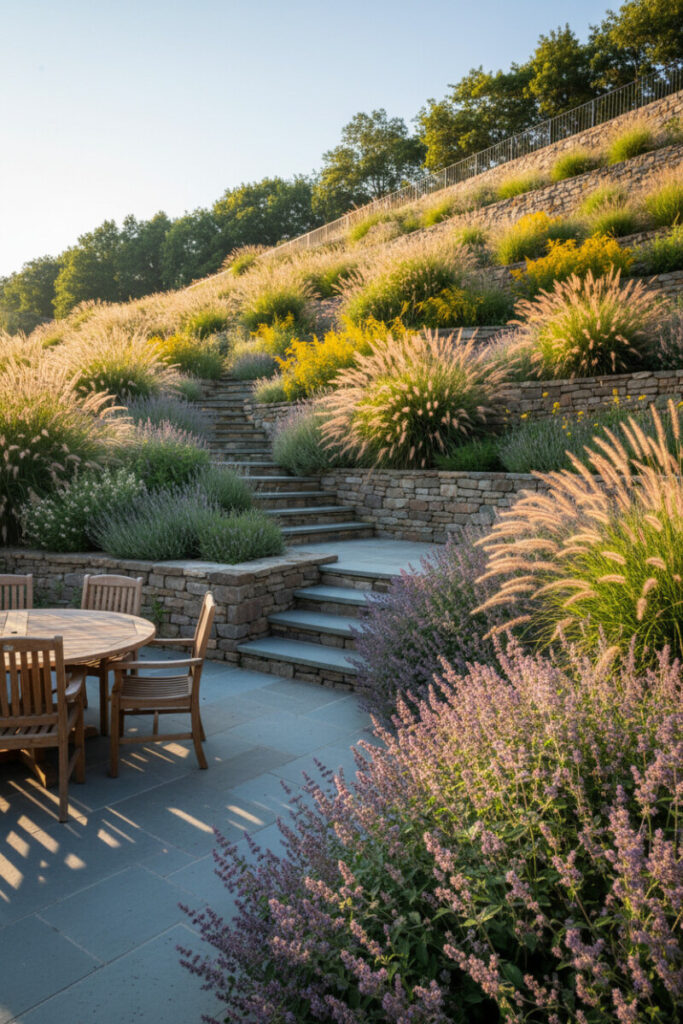 Terraced ornamental grasses and catmint glowing at sunset, a breezy example of sloped yard landscaping.
