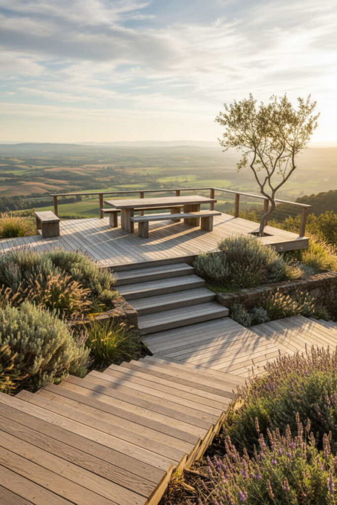 Weathered cedar boardwalk stair and dining deck over lavender and sages, view-rich Hillside Garden Ideas.