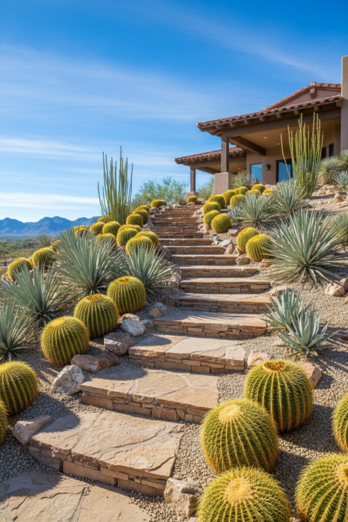 Rugged stone steps with golden barrel cacti and agave, desert-forward sloped yard landscaping on a sunny incline.