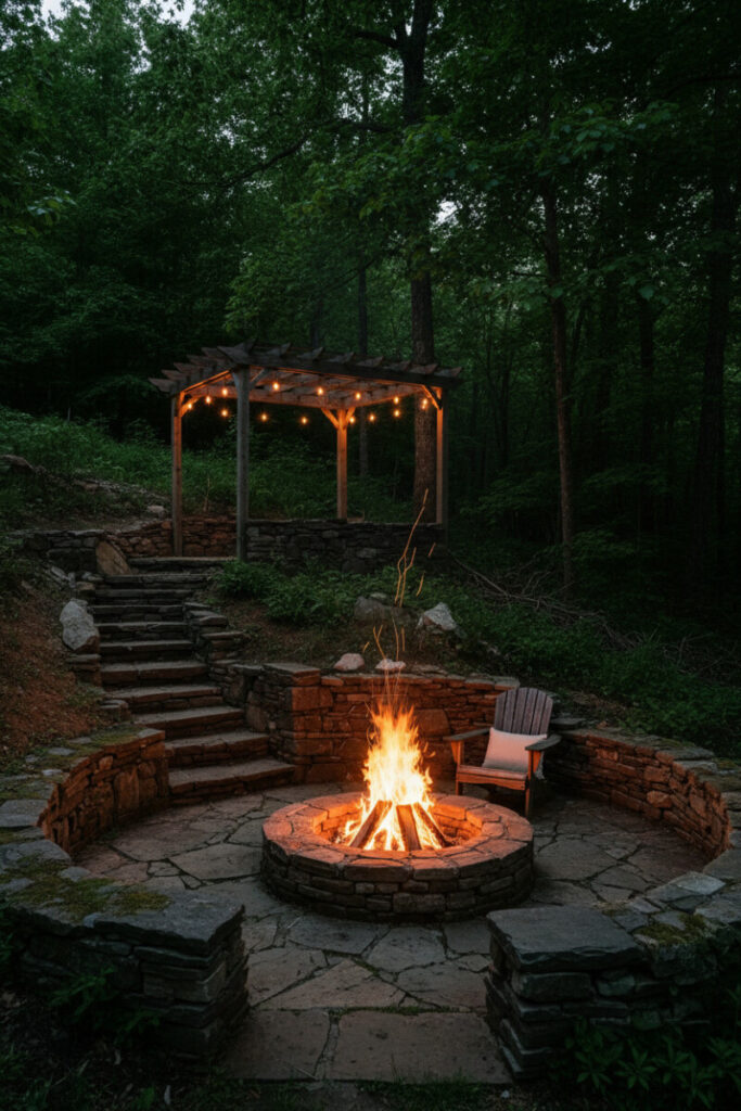 Twilight fieldstone fire pit with pergola and string lights nestled into a wooded hillside.