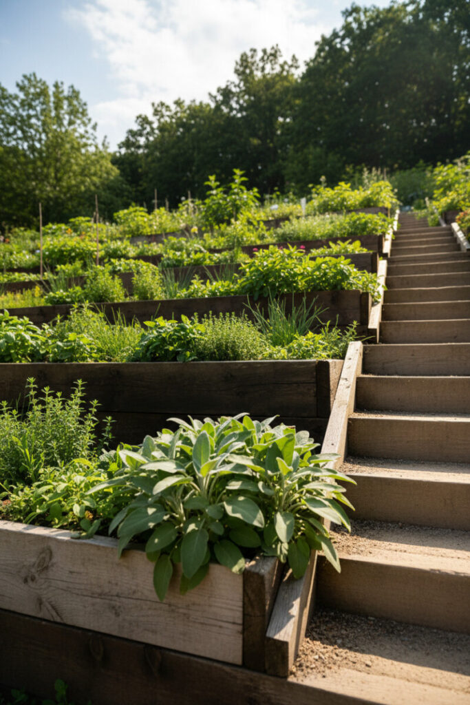 Tiered wooden herb beds with side stairs packed with basil, sage, mint—culinary-focused terraced garden design.