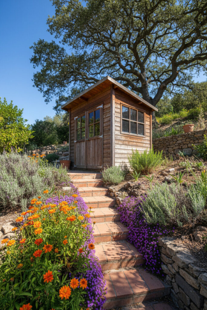 Rustic shed atop warm terracotta steps framed by lavender and orange blooms on a steep slope.