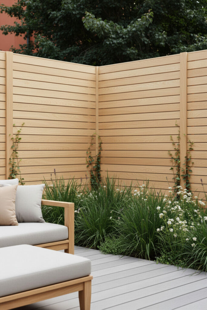 Natural oak horizontal fence behind grasses and white blooms, pale deck and teak seating—warm, serene privacy fence design.