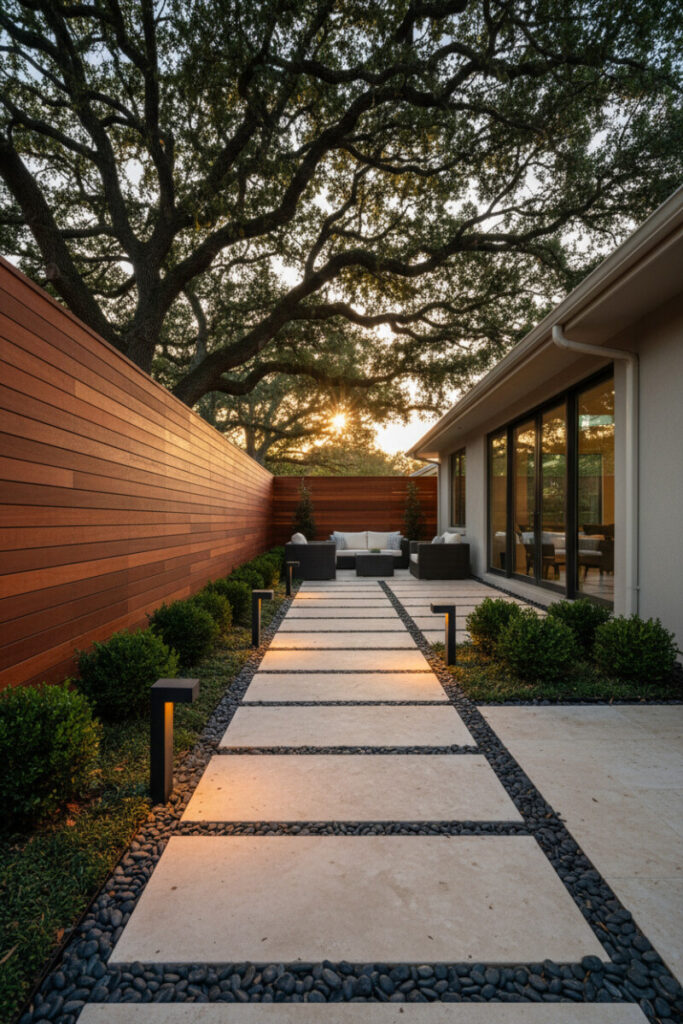 Stained redwood horizontal boards glowing at golden hour beside sandstone paver path and bollard lights—the best wood for horizontal fences in a premium look.