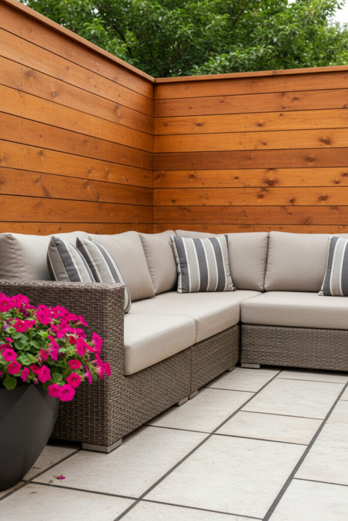 Tall horizontal cedar fence behind sectional seating and vivid magenta blooms—cozy, secluded privacy fence design.
