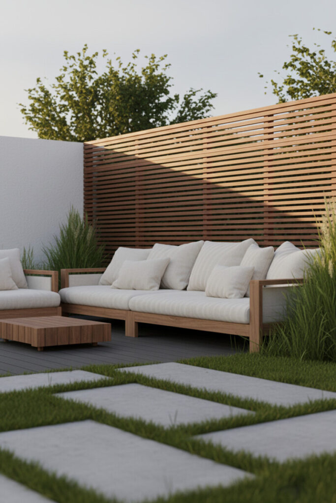 Wide-gap mahogany horizontal slats casting crisp shadows across lawn and stepping stones—airy modern backyard fencing.