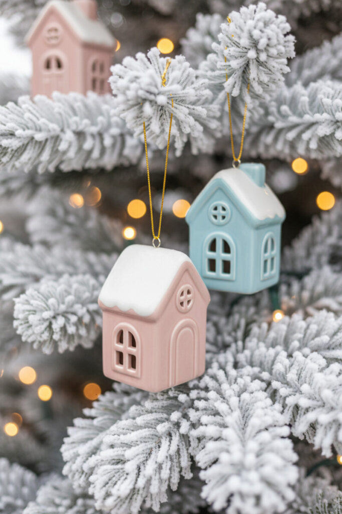 Blush and robin’s-egg ceramic house ornaments on heavily flocked branch with warm lights—minimalist Christmas style with pastel charm.