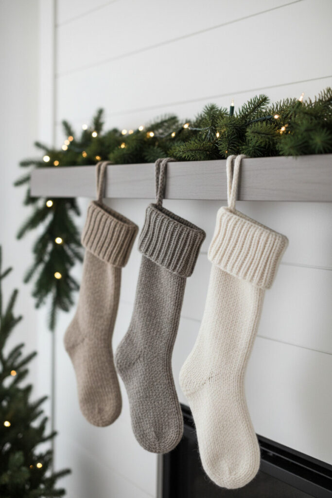 Three knit stockings in oatmeal, taupe, and off-white on gray wood mantel with subtle garland—quiet contemporary holiday decor.