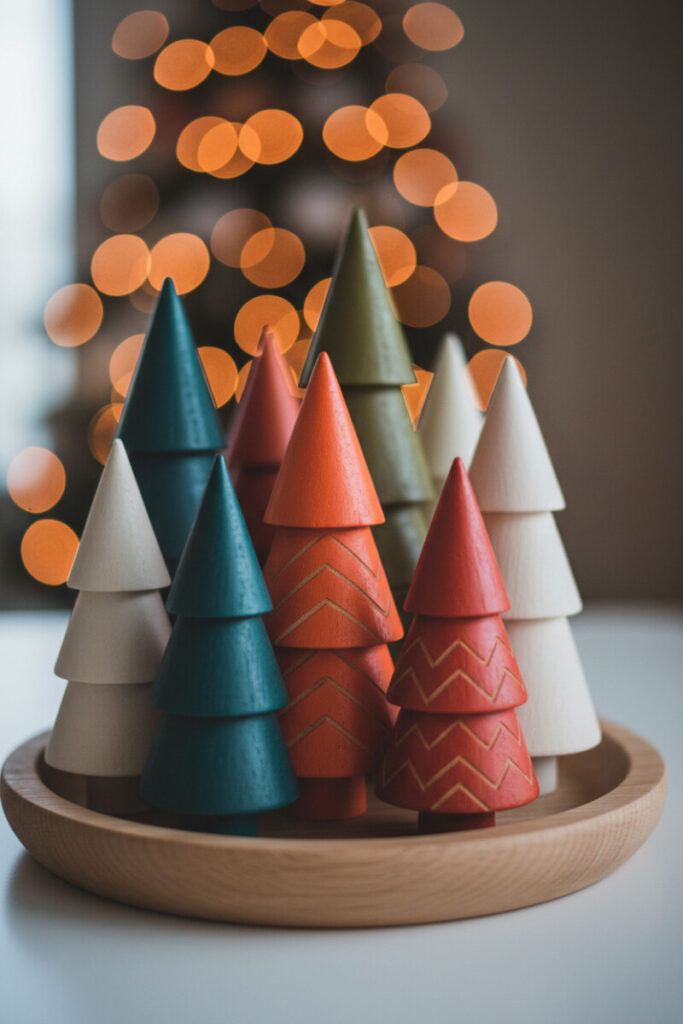 Tight grouping of painted wooden trees in teal, tangerine, terracotta, olive, and cream on a round oak tray—pop-art contemporary holiday decor.