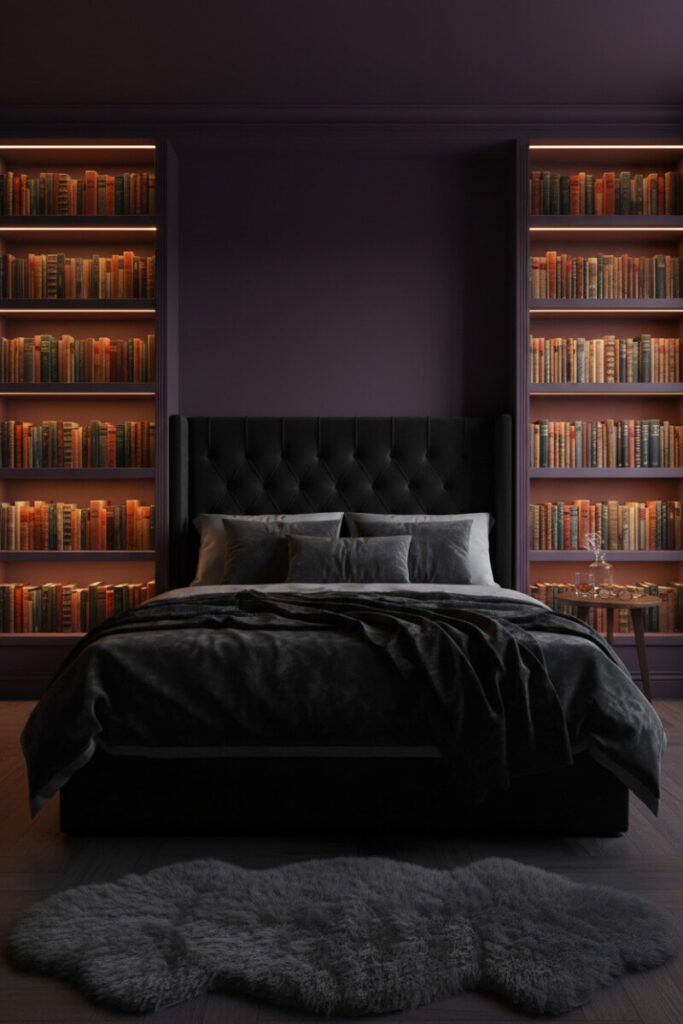 Aubergine walls with floor-to-ceiling bookshelves lit by golden LED strips, charcoal velvet bed centered—a scholarly cocoon showcasing Moody Bedroom Ideas and how to light a moody bedroom with hidden shelf glow.