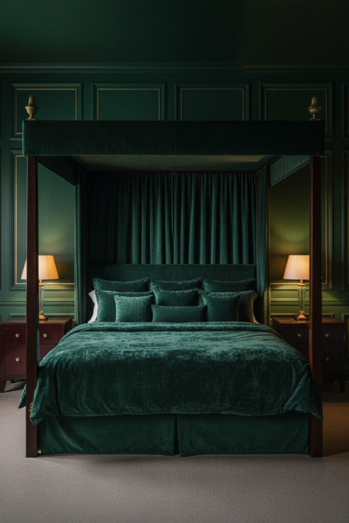 Hunter-green lacquer panels, emerald velvet canopy and curtains, oxblood nightstands, and cream lamps—Emerald Velvet Opulence as elevated luxury bedroom decor.