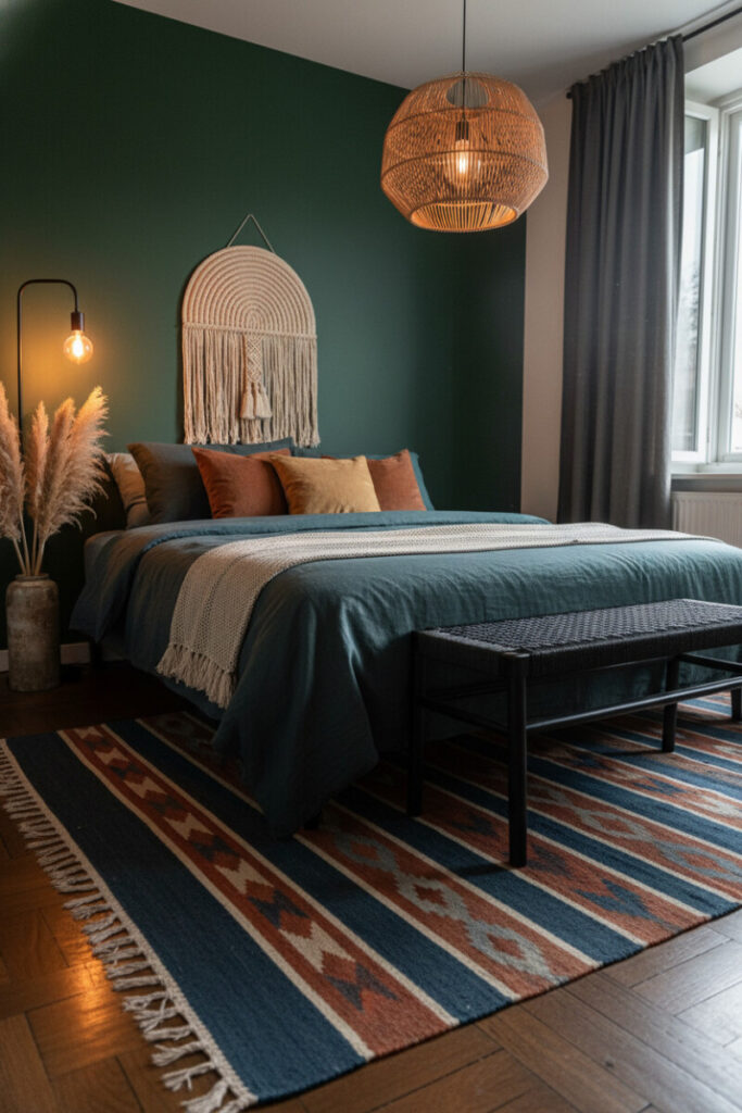 Forest green wall with charcoal and teal linen bedding, terracotta pillows, kilim rug, and rattan pendant—layered Forest Boho Mood inspired by Moody Bedroom Ideas.