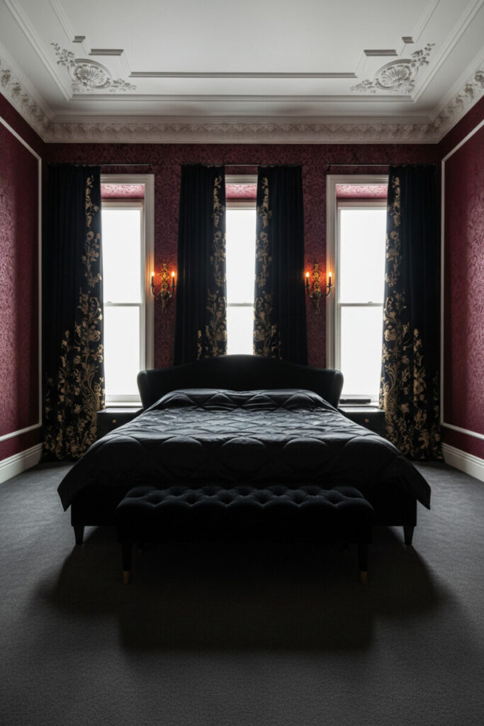 Burgundy flocked damask wallpaper, ornate white crown molding, quilted black satin duvet, and candle sconces—Gothic Neoclassical Drama with theatrical contrast.