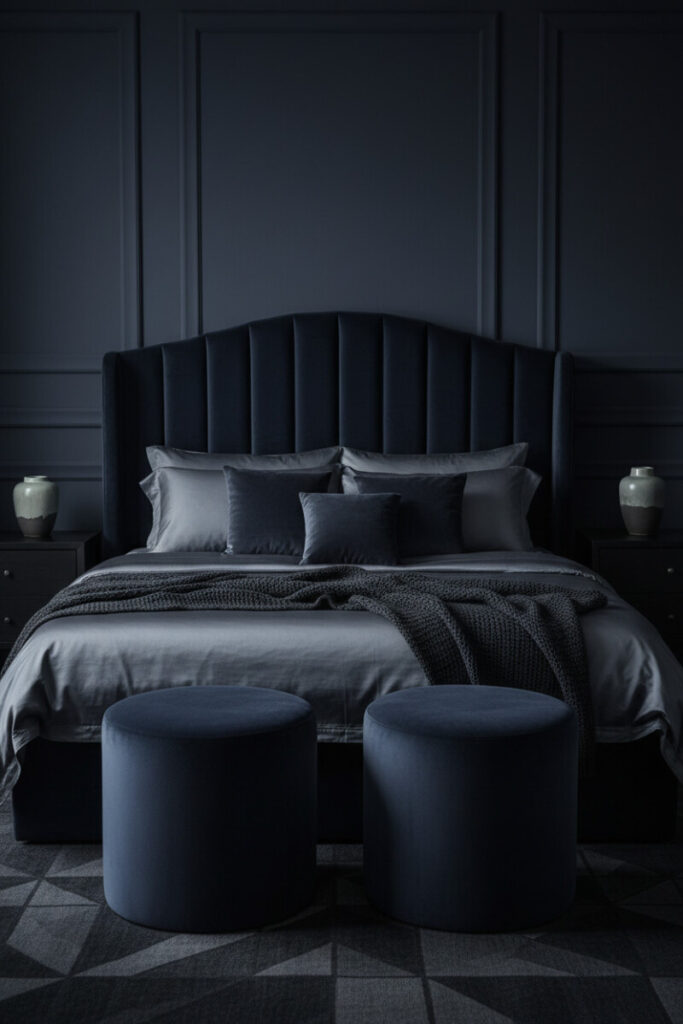 Arched indigo velvet headboard, slate satin bedding, twin velvet ottomans, and subtle ceramic accents—Indigo Velvet Stillness showcasing best paint colors for moody bedrooms in the blue family.