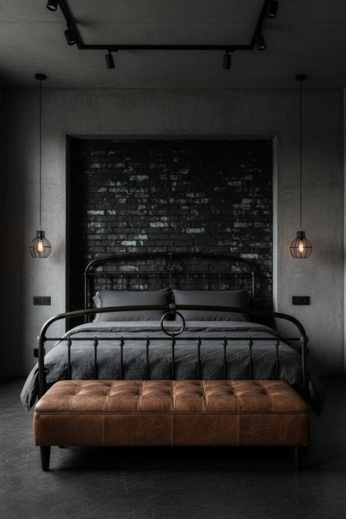 Recessed distressed black brick feature wall behind wrought iron bed, cognac leather bench, and caged Edison pendants—Industrial Shadow Luxe rooted in dark bedroom design.
