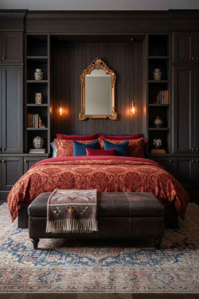 Dark wood cabinetry framing ruby crushed velvet bedding, arched antique mirror, and filament pendants—Jewel-Toned Eclectic richness from Moody Bedroom Ideas.