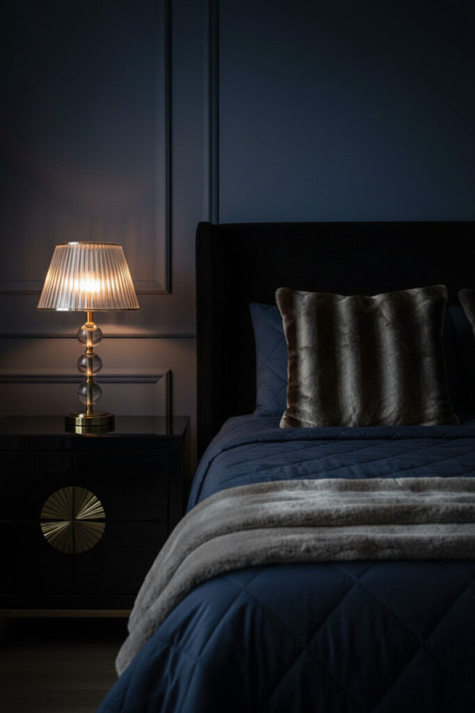 Indigo wainscoting with black velvet headboard, diamond-quilted navy spread, brass-and-crystal lamp—Midnight Blue Serenity demonstrating how to light a moody bedroom with layered sources.