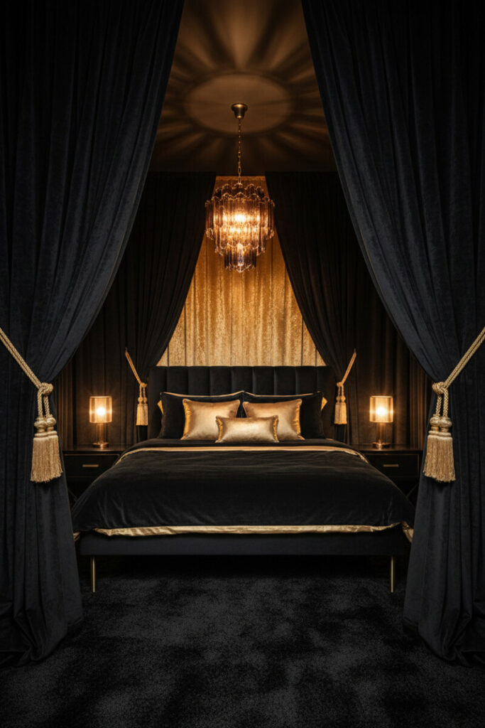 Crushed black velvet drapes framing a bed beneath an amber glass chandelier, gold satin accents, and shag carpet—Midnight Gold Glamour that reads as luxury bedroom decor.