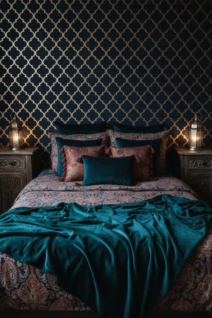 Midnight blue Moroccan trellis wallpaper, carved wood nightstands, silver lanterns, and emerald velvet throw—Midnight Moroccan Opulence aligned with Moody Bedroom Ideas.