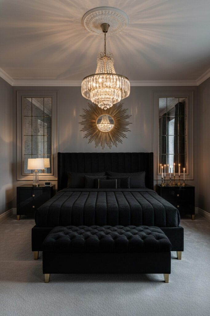 Symmetrical black velvet bed with gold sunburst mirror and crystal chandelier over greige carpet—Black-and-Gold Glamour that epitomizes luxury bedroom decor.