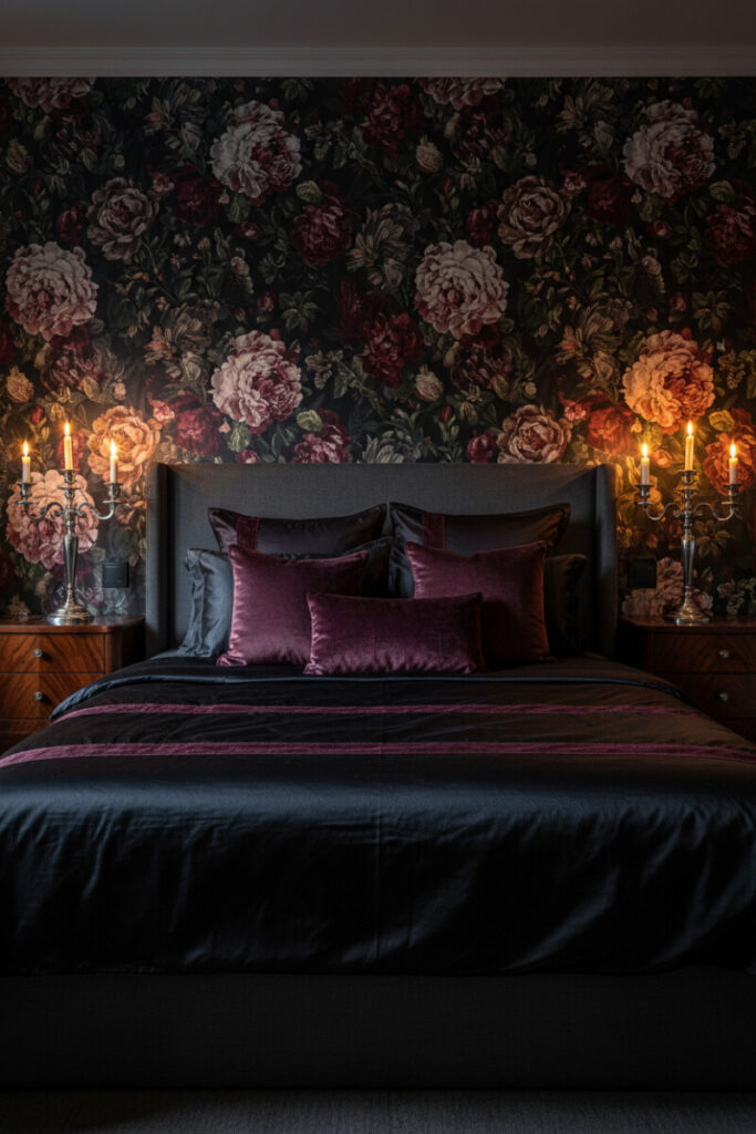 Large-scale dark floral wallpaper, plum velvet pillows, black satin sheets, and silver candelabras—Moody Florals with painterly drama.